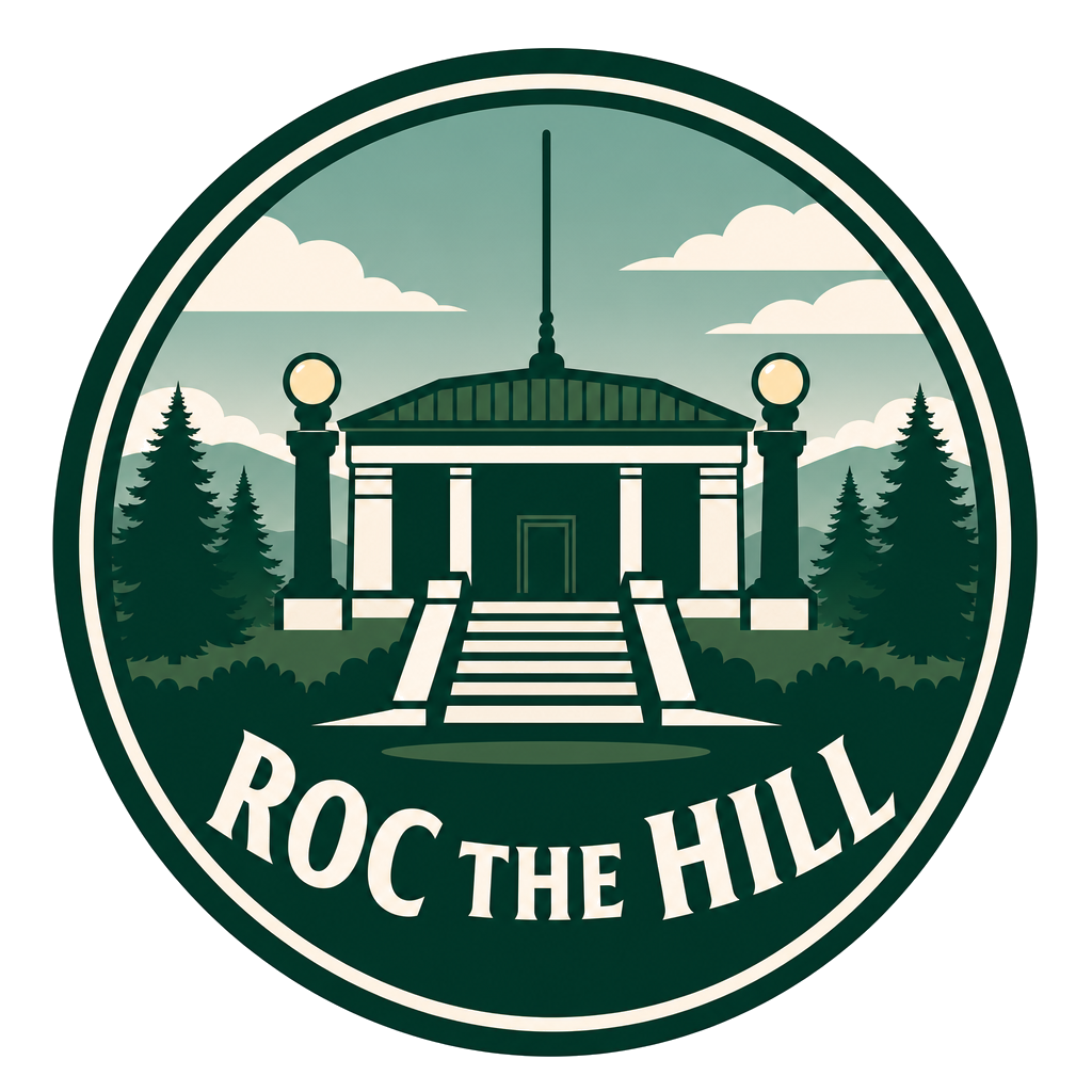 ROC THE HILL logo featuring the Cobbs Hill reservoir